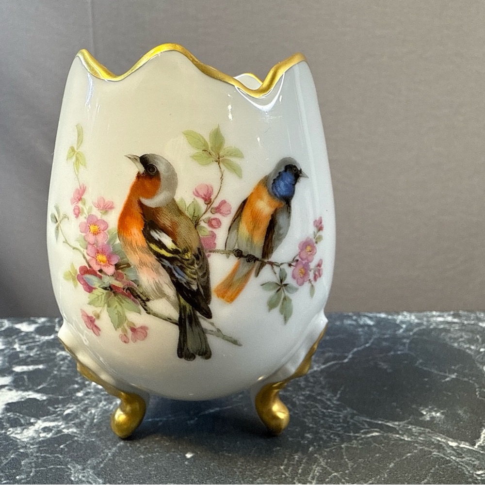 Vin Limoges France Egg Cup Footed Hand Painted Floral Birds Vintage Gold trim